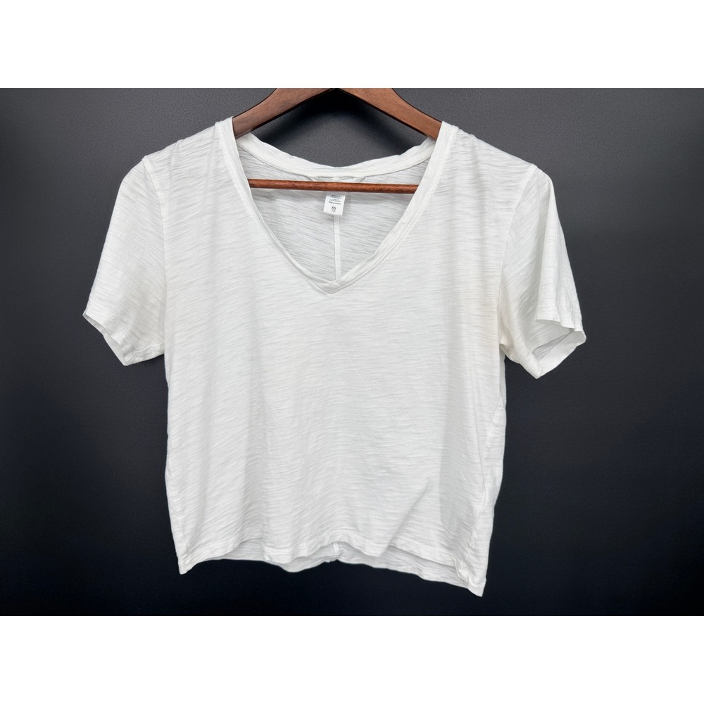 Athleta V-Neck T-Shirt Women XS White Excellent Slub Cotton Short Sleeve Tee